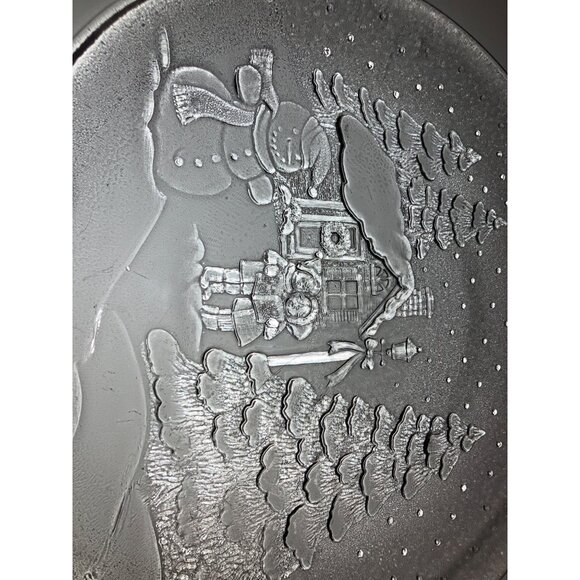 Clear Glass Vintage Christmas Plate Platter With Snowman & Tree Design - Picture 3 of 9